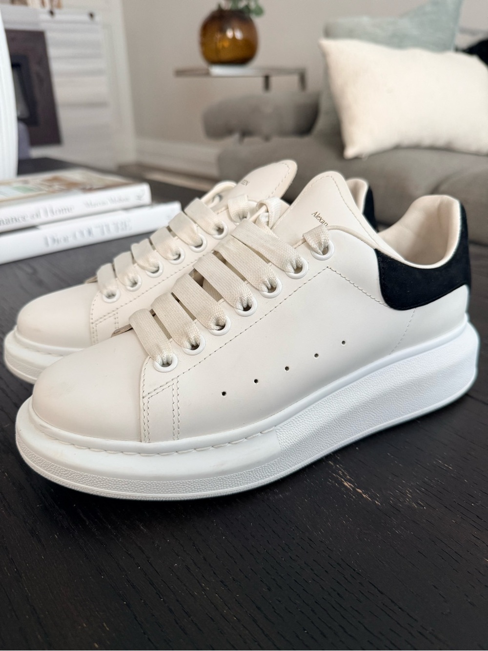 Alexander McQueen White Leather Platform Sneakers with Black Heel
